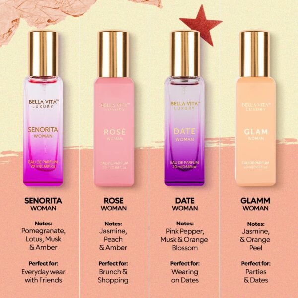BellaVita Luxury Perfumes for Women Set (4x20ml) | Woman Perfume with DATE, SENORITA, GLAM & ROSE | Vanilla Perfume with Floral Sweet & Musk | Arabian Perfume for Women | Cologne & Perfume Gift Set - Image 3