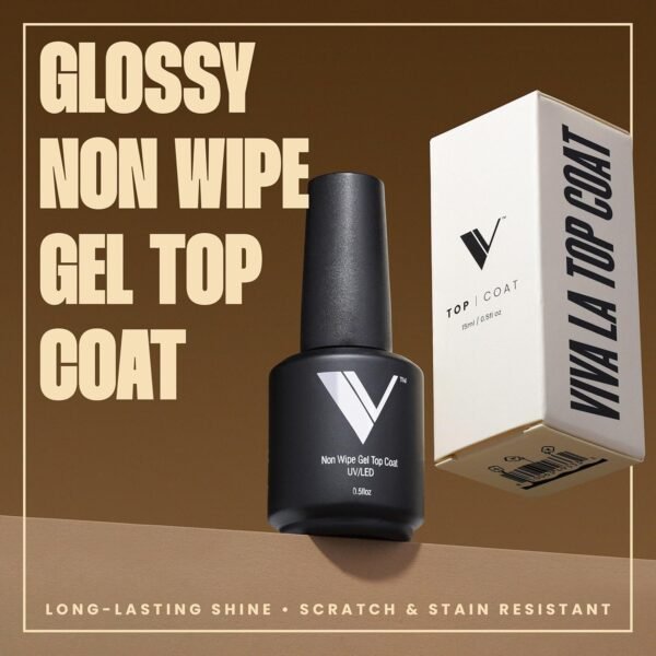 V Beauty Pure No Wipe Gel Top Coat - Long Lasting UV Top Coat Gel Nail Polish, Scratch and Stain Resistant, Durable, Non Yellowing, No Sticky Layer, Glossy - For Manicure & Pedicure - 15ml - Image 3