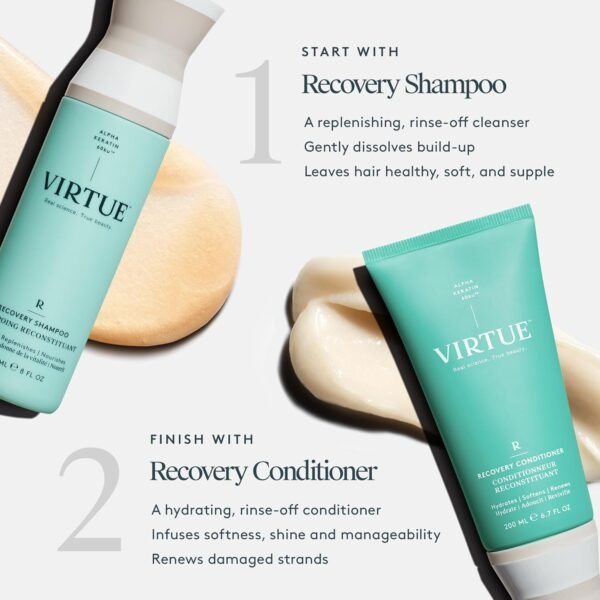 VIRTUE Recovery Sulfate Free Shampoo and Conditioner Set with Keratin and Baobab Seed Oil for Damaged Hair, Travel Size - Image 2