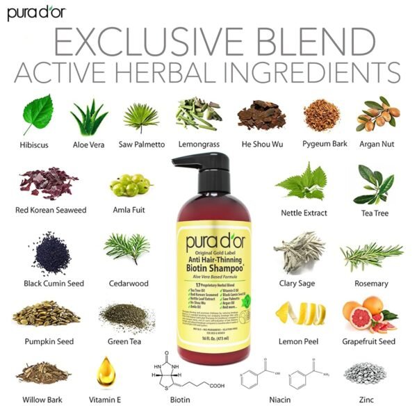 PURA D'OR 16 Oz Original Gold Label Anti-Thinning Biotin Shampoo Natural Earthy Scent, CLINICALLY TESTED Effective Results, Herbal Hair Thickening Products, 3-1 Wash, Women & Men, Color Treated Hair - Image 5