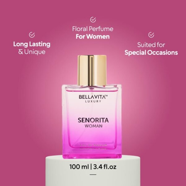 BellaVita Luxury SENORITA Perfume for Women (3.4 fl.oz) | Floral & Fruity Vanilla Perfume Fragrance with Pomegranate, Mint & Musk | Perfume for Womens Gift | Vegan & Cruelty-Free Womens Perfume - Image 4