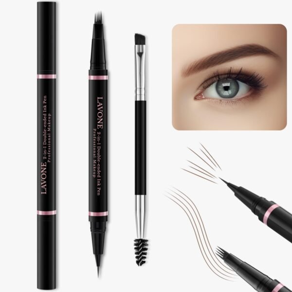 LAVONE Eyebrow Pencil Makeup Kit, with Waterproof 2-IN-1 Microblading Eyebrow Pen, Eyebrow Pomade, Eyeliner and Dual-ended Eyebrow Brush, Brow Pencil Kit for Natural Eyebrows - Dark Brown - Image 3