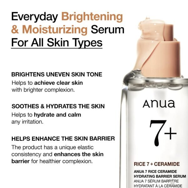 ANUA RICE CERAMIDE 7 HYDRATING BARRIER SERUM, Brightening, Hydrating Serum for Face, Rice, Hyaluronic Acid, Niacinamide, Fragrance-free, Non comodogenic, Glass Skin, Korean Skin Care, 50ml/1.69fl.oz. - Image 4