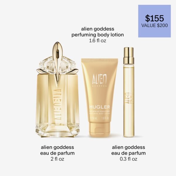 Mugler Alien Goddess Eau de Parfum - Women's Fragrance Gift Set - Floral & Woody - With Bergamot, Jasmine, and Vanilla - Full Size, 2 Fl Oz, Body Lotion, 1.7 Fl Oz & Travel Size, 0.33 Fl Oz - Image 3