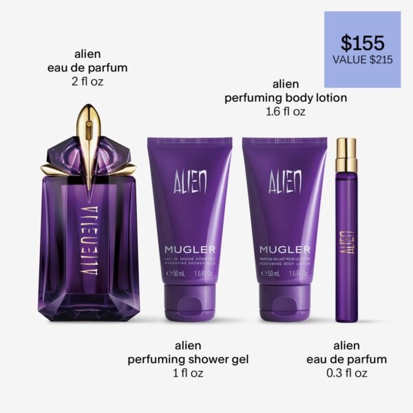 Mugler Alien - Eau de Parfum - Women's Fragrance Set - Floral & Woody - With Jasmine, Wood, and Amber - Perfume, 2 Fl Oz, 1.6 Fl Oz Body Lotion, 1.6 Fl Oz Shower Gel, 0.33 Fl Oz Travel Size Perfume - Image 3