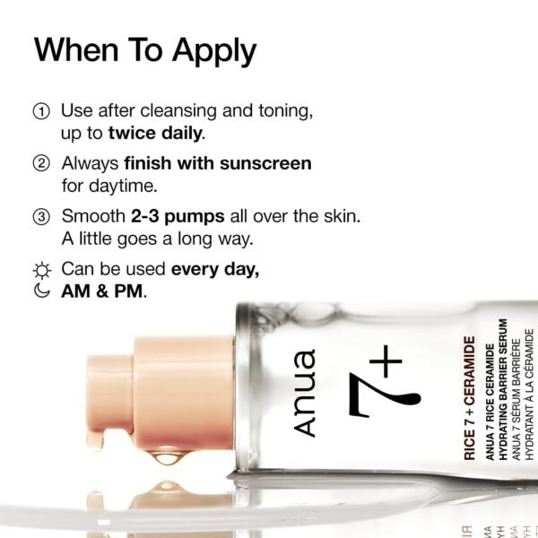 ANUA RICE CERAMIDE 7 HYDRATING BARRIER SERUM, Brightening, Hydrating Serum for Face, Rice, Hyaluronic Acid, Niacinamide, Fragrance-free, Non comodogenic, Glass Skin, Korean Skin Care, 50ml/1.69fl.oz. - Image 8