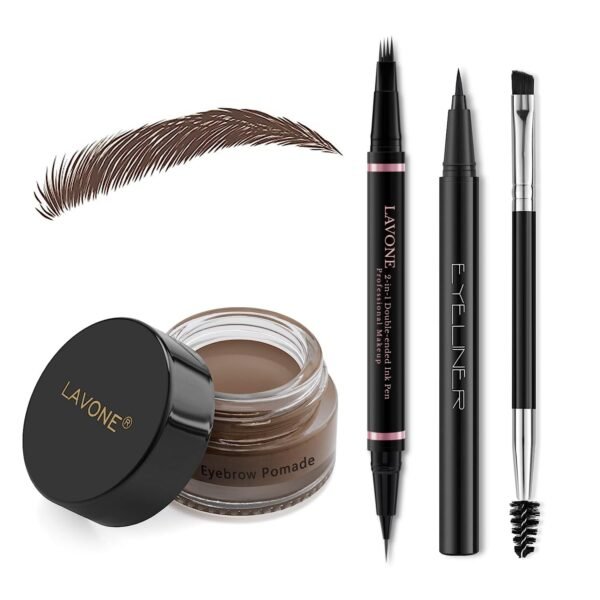 LAVONE Eyebrow Pencil Makeup Kit, with Waterproof 2-IN-1 Microblading Eyebrow Pen, Eyebrow Pomade, Eyeliner and Dual-ended Eyebrow Brush, Brow Pencil Kit for Natural Eyebrows - Dark Brown - Image 2
