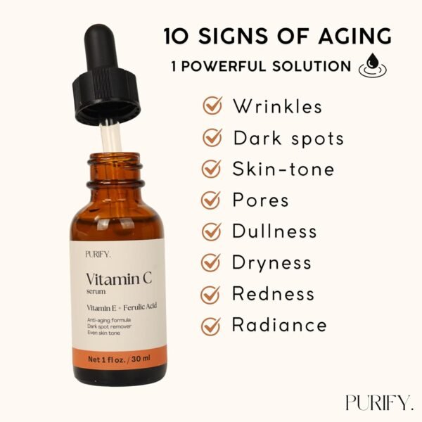 Purify 20% Vitamin C Serum - with Vitamin E & Ferulic Acid - Anti Aging - Brightening Face Serum - Pure Vit C for Dark Spots Correcting, Uneven Skin Tone, Wrinkles, Glow - 1 fl oz. - Image 4