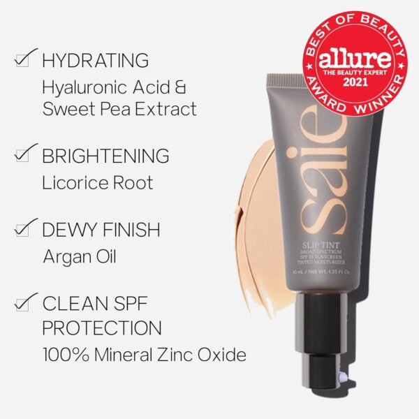 Saie Slip Tint Tinted Moisturizer with SPF 35 - Light Coverage, Glowy Skin Tint & Mineral Sunscreen for Face with Hydrating Hyaluronic Acid - Summer Makeup Essential - Shade Two (1.35 oz) - Image 3