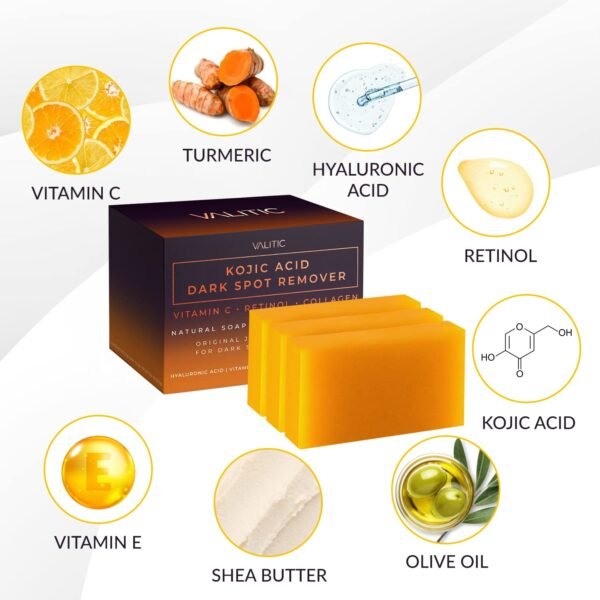 VALITIC Kojic Acid Dark Spot Remover Soap Bars with Vitamin C, Retinol, Collagen, Turmeric - Original Japanese Complex Infused with Hyaluronic Acid, Vitamin E, Shea Butter, Castile Olive Oil (3 Pack) - Image 6