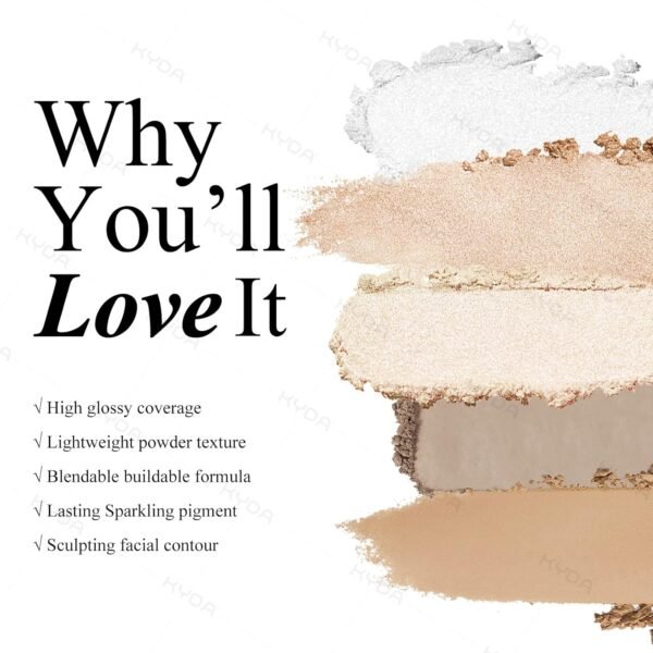 KYDA Face Highlighter Palette, High Glossy Face Illuminator Palette, Narutal Glow Finish, Pearl Shimmer Smooth Baked Powder, Lasting Sparkling Highlighter Makeup-SUN GLOW - Image 3