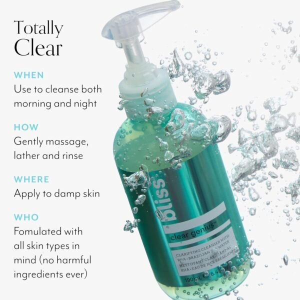 Bliss Clear Genius Clarifying Gel Cleanser – 6.4 Fl Oz – Salicylic Acid BHA to Purify Pores, Remove Excess Oil & Dirt – Non-Drying, Vegan & Cruelty-Free – Tea Tree Scent – Suitable For All Skin Types - Image 9
