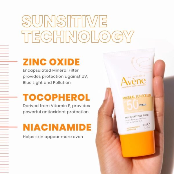Avène Mineral Sunscreen Multi-Defense Fluid Tinted SPF 50+, Clean Formula Sunscreen for Sensitive Skin, Reef Friendly, Natural Tint, Non-Whitening, Antioxidant Protection, 1.3 Fl Oz - Image 6