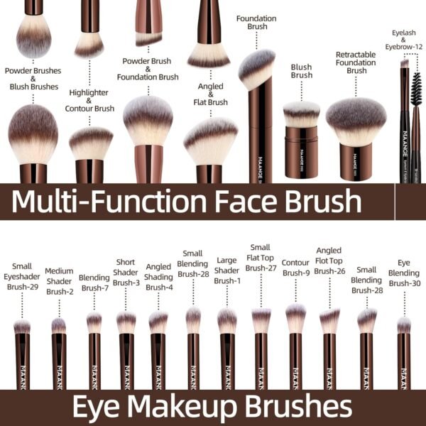 MAANGE 20 PCS Foundation Makeup Brush Set, Double-ended Kabuki Contour Brush for Liquid Powder Concealer Blending Blush Face Makeup Tools (Coffee) - Image 4