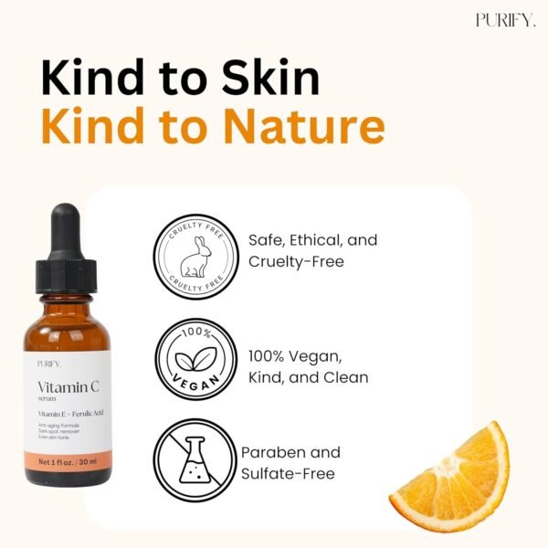 Purify 20% Vitamin C Serum - with Vitamin E & Ferulic Acid - Anti Aging - Brightening Face Serum - Pure Vit C for Dark Spots Correcting, Uneven Skin Tone, Wrinkles, Glow - 1 fl oz. - Image 8