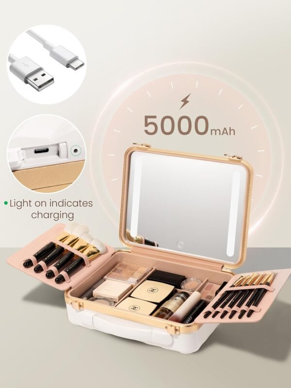 ROWNYEON Travel Makeup Case With Light Up Mirror - Portable Organizer and Train Case for Makeup Artists and Hairstylists with 5x Mirror(White) - Image 4