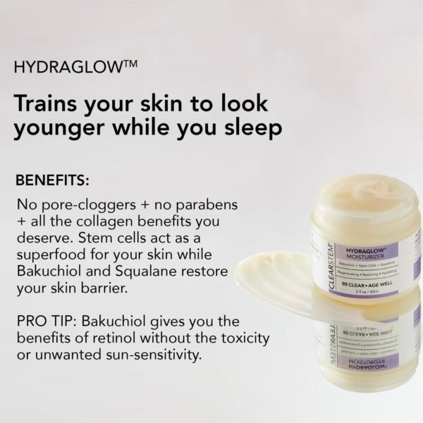 CLEARSTEM - HYDRAGLOW Stem Cell Moisturizer - Bakuchiol + Squalene - Youthful Skin Face Moisturizer - All Skin Types - Facial Skin Care Products - Vegan, Gluten Free, Cruelty Free - 2 fl oz / 60ml - Image 3