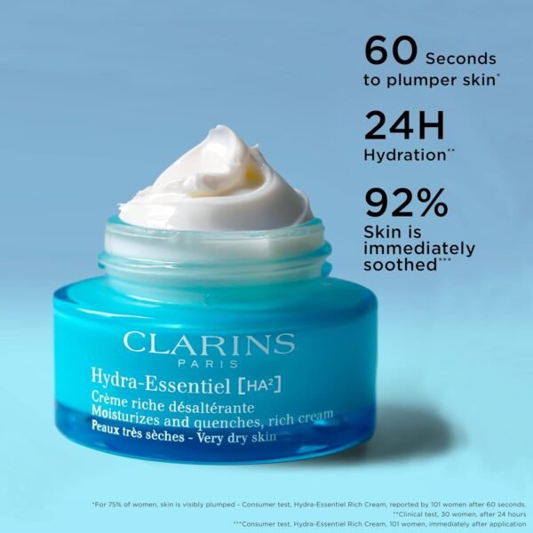 Clarins Hydra-Essentiel Rich Cream|Intensely Hydrating Moisturizer|60 Seconds to Plumper Skin*|Nourishes, Softens and Soothes|Double Dose Hyaluronic Acid|Very Dry Skin Type|1.7 Ounces - Image 3