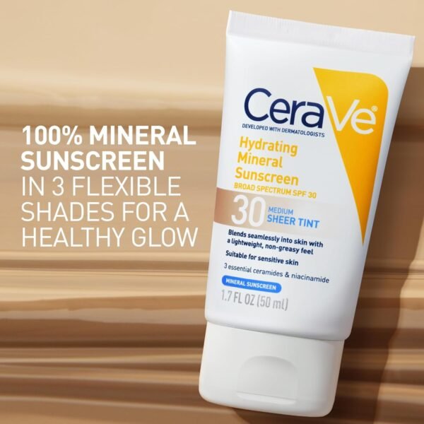 CeraVe Hydrating Mineral Sunscreen SPF 30 with Sheer Tint, Tinted Mineral Sunscreen with Zinc Oxide & Titanium Dioxide, Blends Seamlessly For Healthy Glow, Medium, 1.7 Fluid Ounce - Image 4