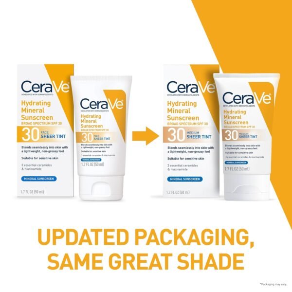 CeraVe Hydrating Mineral Sunscreen SPF 30 with Sheer Tint, Tinted Mineral Sunscreen with Zinc Oxide & Titanium Dioxide, Blends Seamlessly For Healthy Glow, Medium, 1.7 Fluid Ounce - Image 3