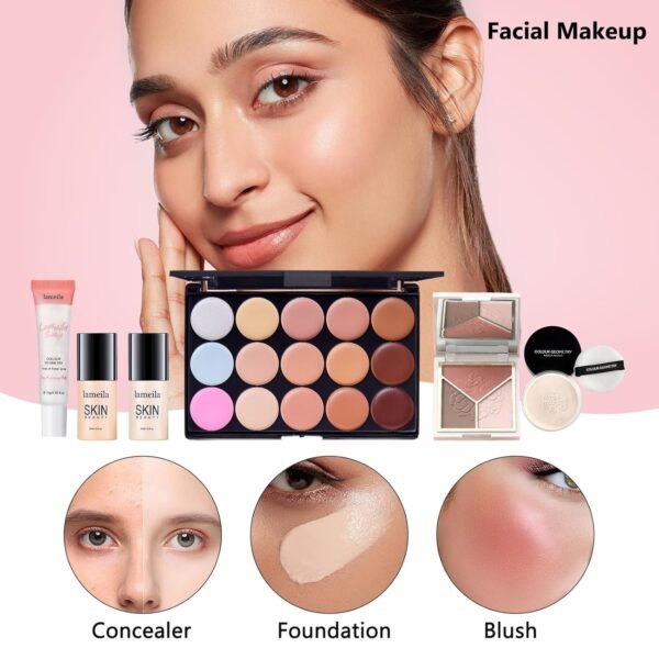 All in One Makeup Kit for Women Full Kit, Make Up Gift Set for Women, Makeup Essential Bundle Includes Foundation Face Primer Eyeshadow Contour Palette Lipstick Eyeliner Mascara Cosmetic Brush Set - Image 4