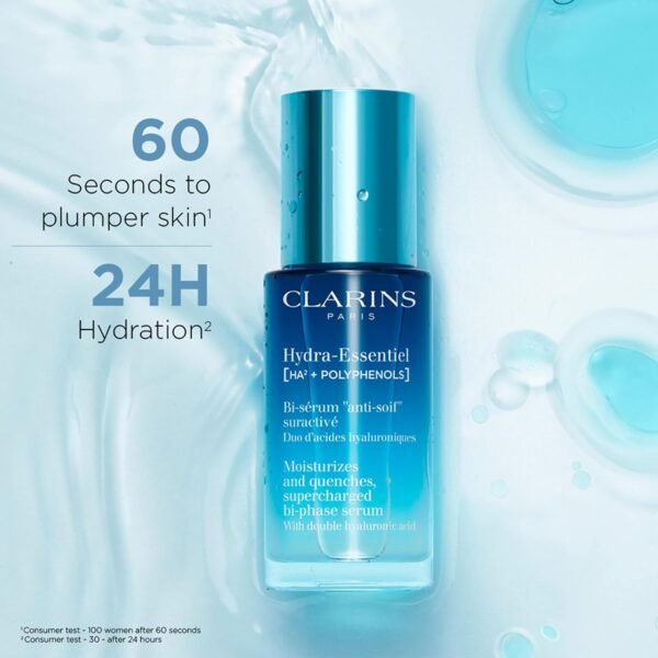 Clarins Hydra-Essentiel Bi-Phase Face Serum | Intense Hydrating Serum| 60 Seconds to Plumper Skin* | 24H Hydration* | Double Dose Of Hyaluronic Acid | Lightweight | All Skin Types | 1 Fl Ounce - Image 3
