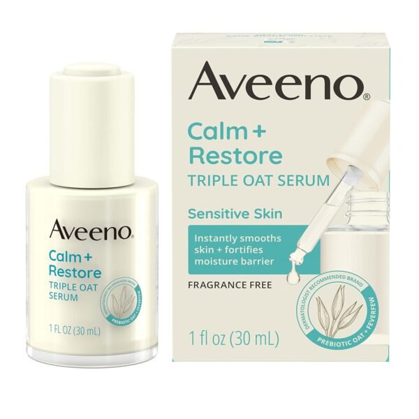 Aveeno Calm + Restore Triple Oat Hydrating Face Serum for Sensitive Skin, Gentle, Lightweight Facial Serum Instantly Smooths Skin, Fast-Absorbing, Hypoallergenic & Fragrance-Free, 1 fl. oz - Image 2