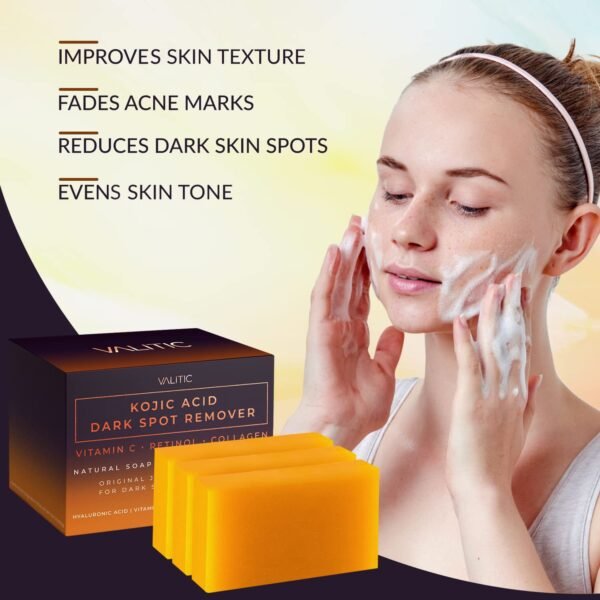 VALITIC Kojic Acid Dark Spot Remover Soap Bars with Vitamin C, Retinol, Collagen, Turmeric - Original Japanese Complex Infused with Hyaluronic Acid, Vitamin E, Shea Butter, Castile Olive Oil (3 Pack) - Image 5
