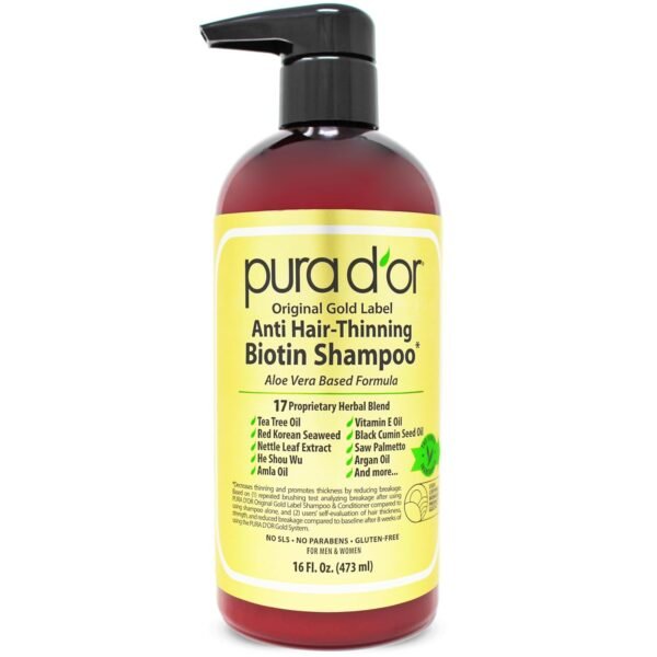 PURA D'OR 16 Oz Original Gold Label Anti-Thinning Biotin Shampoo Natural Earthy Scent, CLINICALLY TESTED Effective Results, Herbal Hair Thickening Products, 3-1 Wash, Women & Men, Color Treated Hair - Image 2