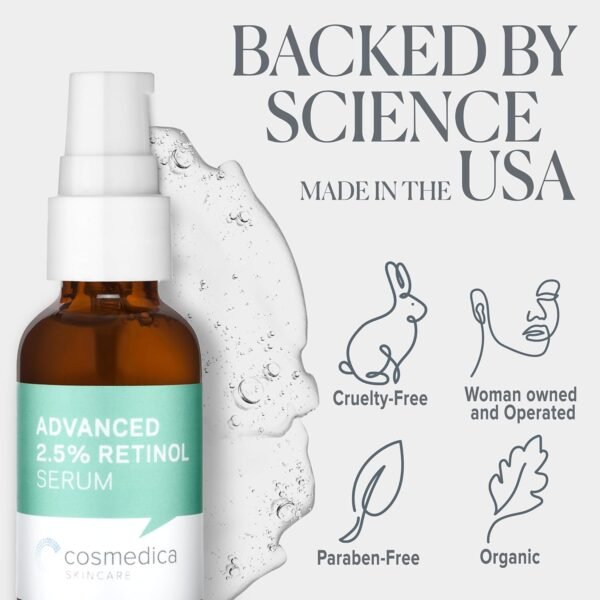 Cosmedica Skincare's Advanced 2.5% Retinol Serum w/Green Tea, Hyaluronic Acid & Vit E - Anti-Aging, Skin Revitalizing, Hydrating Serum for Fine Lines, Wrinkles, Discoloration, and Acne Scars, 1oz - Image 4