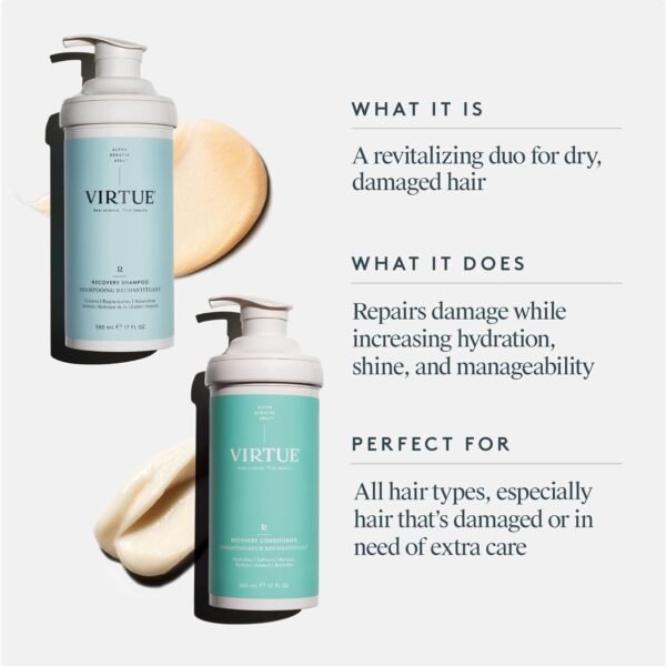 Virtue Recovery Sulfate Free Shampoo and Conditioner Set with Keratin Hydrates, Softens, and Renews Damaged Hair, Color Safe - Image 3