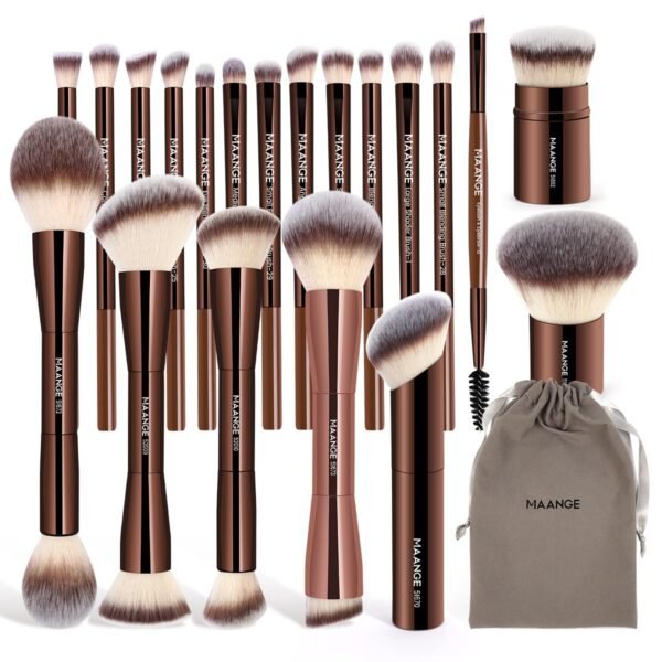 MAANGE 20 PCS Foundation Makeup Brush Set, Double-ended Kabuki Contour Brush for Liquid Powder Concealer Blending Blush Face Makeup Tools (Coffee) - Image 2