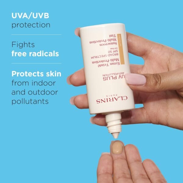 Clarins UV Plus Anti-Pollution, Broad Spectrum SPF 50 Tinted Face Sunscreen | Sheer Finish | Lightweight and Oil-Free | Triple Protection From UVA/UVB Rays, Free Radicals and Pollutants - Image 3