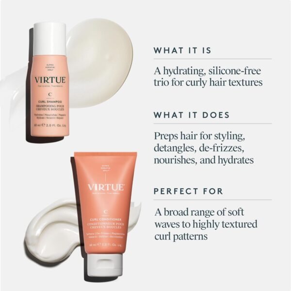 VIRTUE Curl Sulfate Free Shampoo and Conditioner Set with Jojoba Oil for Curly Hair with Frizz Control, Color Safe, Travel Size - Image 3