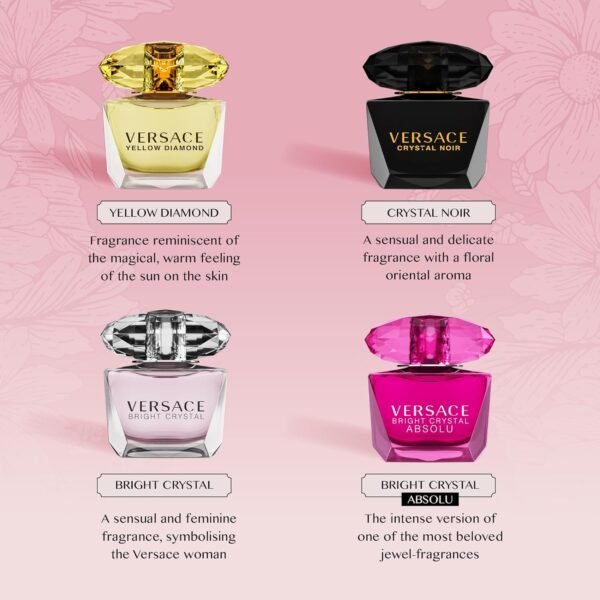 Versace Perfume for Women Set of 4 Mini, Bright Crystal, Yellow Diamond, Crystal Noir, Bright Crystal Absolu, Perfume for Women Fragrance Sampler Set Designer Womens Samples (4 Count, 0.17 oz) - Image 4