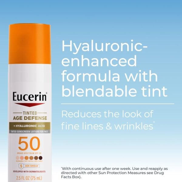 Eucerin Sun Tinted Age Defense SPF 50 Face Sunscreen Lotion with Hyaluronic Acid, Hypoallergenic, Non-Comedogenic Tinted Sunscreen SPF 50 Free of Fragrance, Oxybenzone and Octinoxate, 2.5 Fl Oz Bottle - Image 3