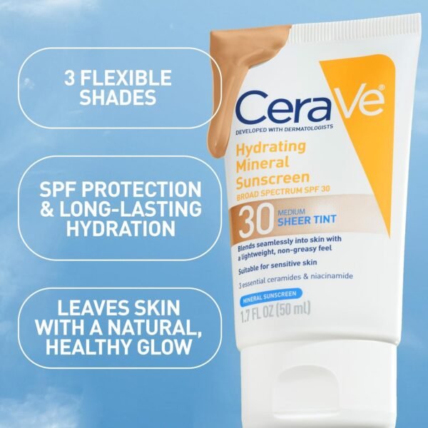 CeraVe Hydrating Mineral Sunscreen SPF 30 with Sheer Tint, Tinted Mineral Sunscreen with Zinc Oxide & Titanium Dioxide, Blends Seamlessly For Healthy Glow, Medium, 1.7 Fluid Ounce - Image 7