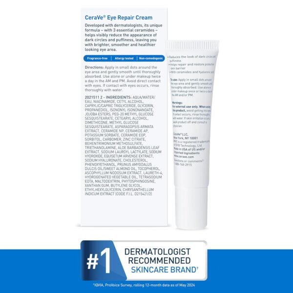 CeraVe Eye Repair Cream, Under Eye Cream For Puffiness And Bags Under Eyes, Hyaluronic Acid + Niacinamide + Marine Botanical Complex, Oil Free & Opthalmologist Tested - Image 8