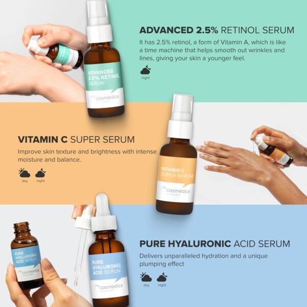 Cosmedica Skincare Facial Serum Trio Set Value for Clear Skin - Vitamin C Super Serum, 2.5% Retinol Serum, Pure Hyaluronic Acid Serum – Vegan, Cruelty-Free Skincare 3 pack - Image 7