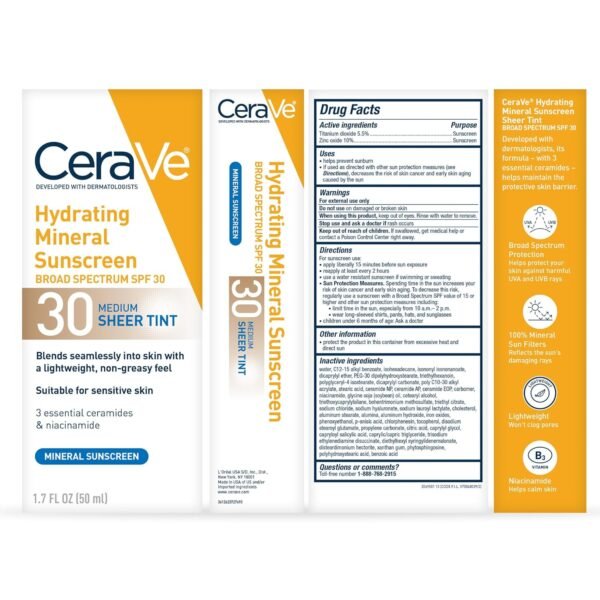 CeraVe Hydrating Mineral Sunscreen SPF 30 with Sheer Tint, Tinted Mineral Sunscreen with Zinc Oxide & Titanium Dioxide, Blends Seamlessly For Healthy Glow, Medium, 1.7 Fluid Ounce - Image 10