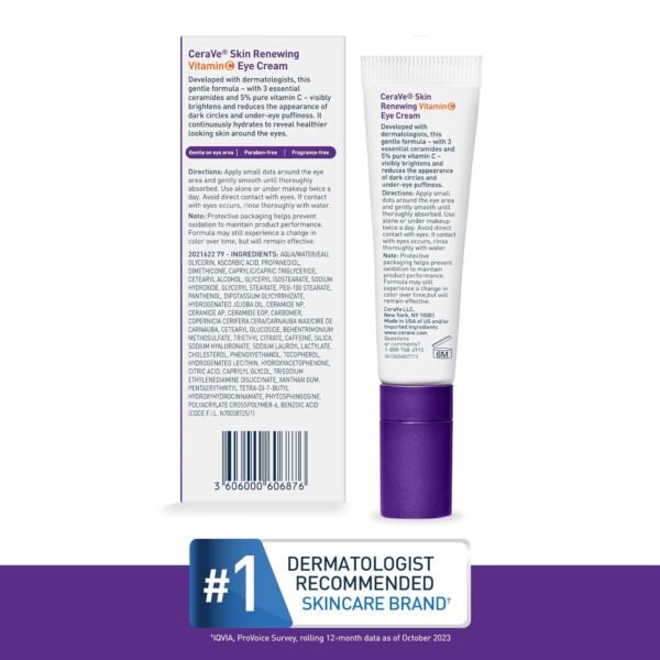 CeraVe Skin Renewing Vitamin C Eye Cream, Vitamin C, Hyaluronic Acid, Ceramides & Caffeine, Under Eye Cream For Dark Circles and Puffiness, Fragrance Free & Ophthalmologist Tested, 0.5 Fl. Oz - Image 8