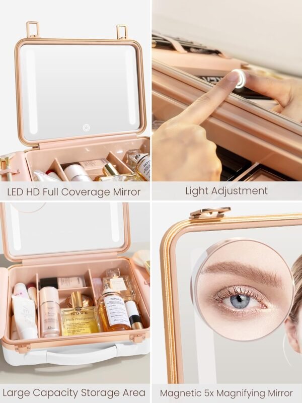 ROWNYEON Travel Makeup Case With Light Up Mirror - Portable Organizer and Train Case for Makeup Artists and Hairstylists with 5x Mirror(White) - Image 3