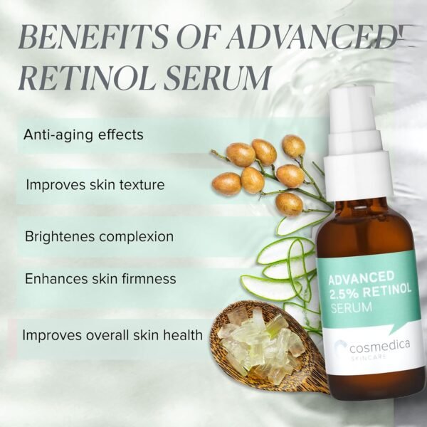 Cosmedica Skincare's Advanced 2.5% Retinol Serum w/Green Tea, Hyaluronic Acid & Vit E - Anti-Aging, Skin Revitalizing, Hydrating Serum for Fine Lines, Wrinkles, Discoloration, and Acne Scars, 1oz - Image 6