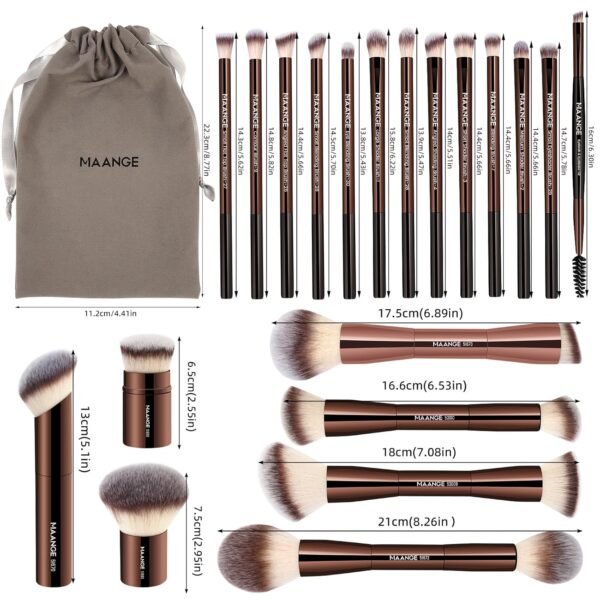 MAANGE 20 PCS Foundation Makeup Brush Set, Double-ended Kabuki Contour Brush for Liquid Powder Concealer Blending Blush Face Makeup Tools (Coffee) - Image 9