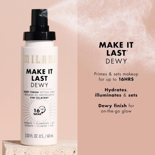 Milani Make It Dewy Setting Spray 3 in 1- Hydrate + Illuminate + Set (2.03 Fl. Oz.) Makeup Finishing Spray - Makeup Primer & Hydrating Setting Spray - Image 4