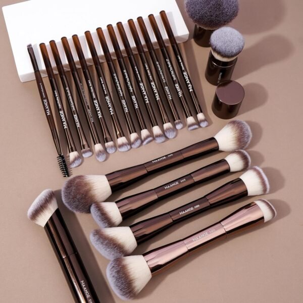 MAANGE 20 PCS Foundation Makeup Brush Set, Double-ended Kabuki Contour Brush for Liquid Powder Concealer Blending Blush Face Makeup Tools (Coffee) - Image 7