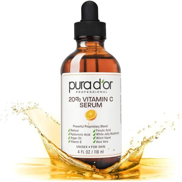 PURA D'OR 20% Vitamin C Serum 4 Oz - Lightweight Maximum Strength Formula - Retinol, Hyaluronic Acid, Ferulic Acid - Professional Grade Treatment For Face & Eyes, Wrinkles - Men & Women - Image 2
