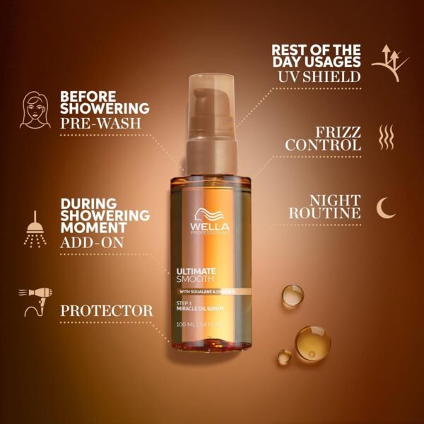 Wella Professionals ULTIMATE SMOOTH Miracle Oil Serum for Dry, Dull & Frizzy Hair | Nourishes, Smooths & Adds a Silky Shine | With Squalane & Omega 9 | Heat Protectant | Color Safe - Image 7