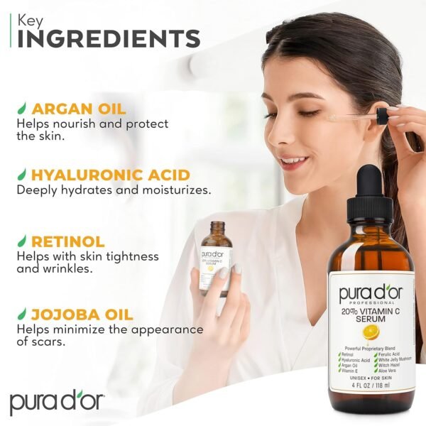 PURA D'OR 20% Vitamin C Serum 4 Oz - Lightweight Maximum Strength Formula - Retinol, Hyaluronic Acid, Ferulic Acid - Professional Grade Treatment For Face & Eyes, Wrinkles - Men & Women - Image 5