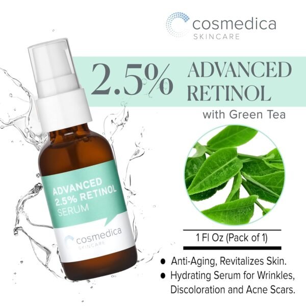 Cosmedica Skincare's Advanced 2.5% Retinol Serum w/Green Tea, Hyaluronic Acid & Vit E - Anti-Aging, Skin Revitalizing, Hydrating Serum for Fine Lines, Wrinkles, Discoloration, and Acne Scars, 1oz - Image 3